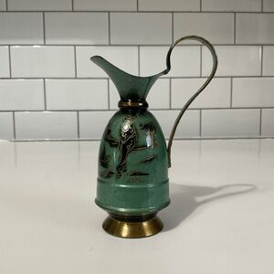 VTG 1960s Hand Painted Brass Enamel Green Black Gold Vase Made in Israel